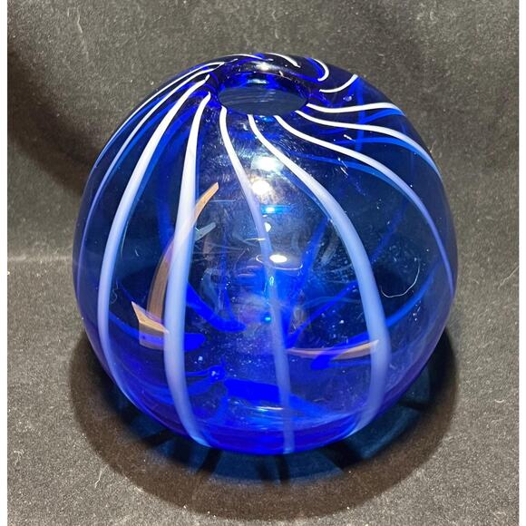 Hand Blown, Cobalt Blue and White Cane, Globe Vase - Picture 1 of 3